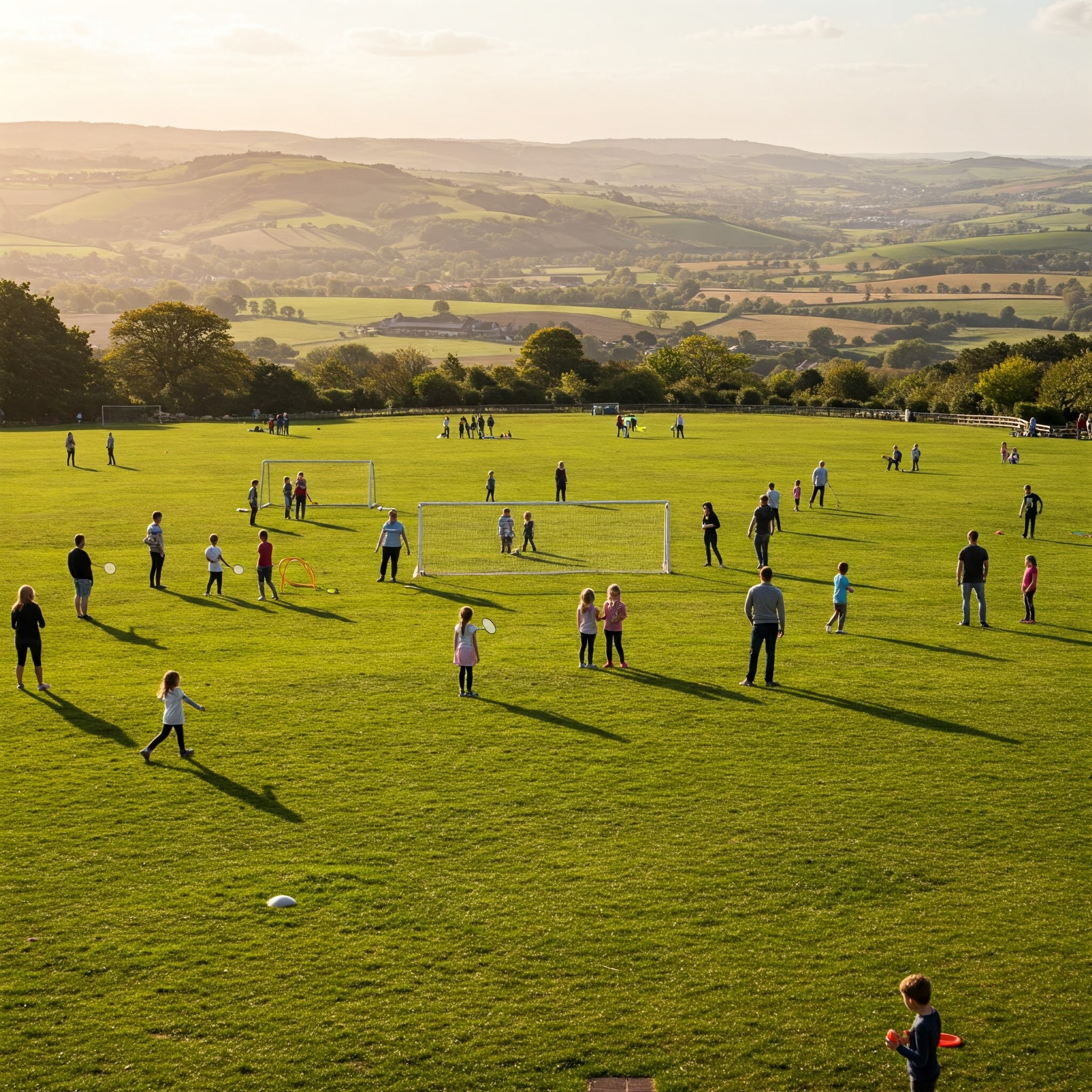 Families playing sports together in an open field at sunset